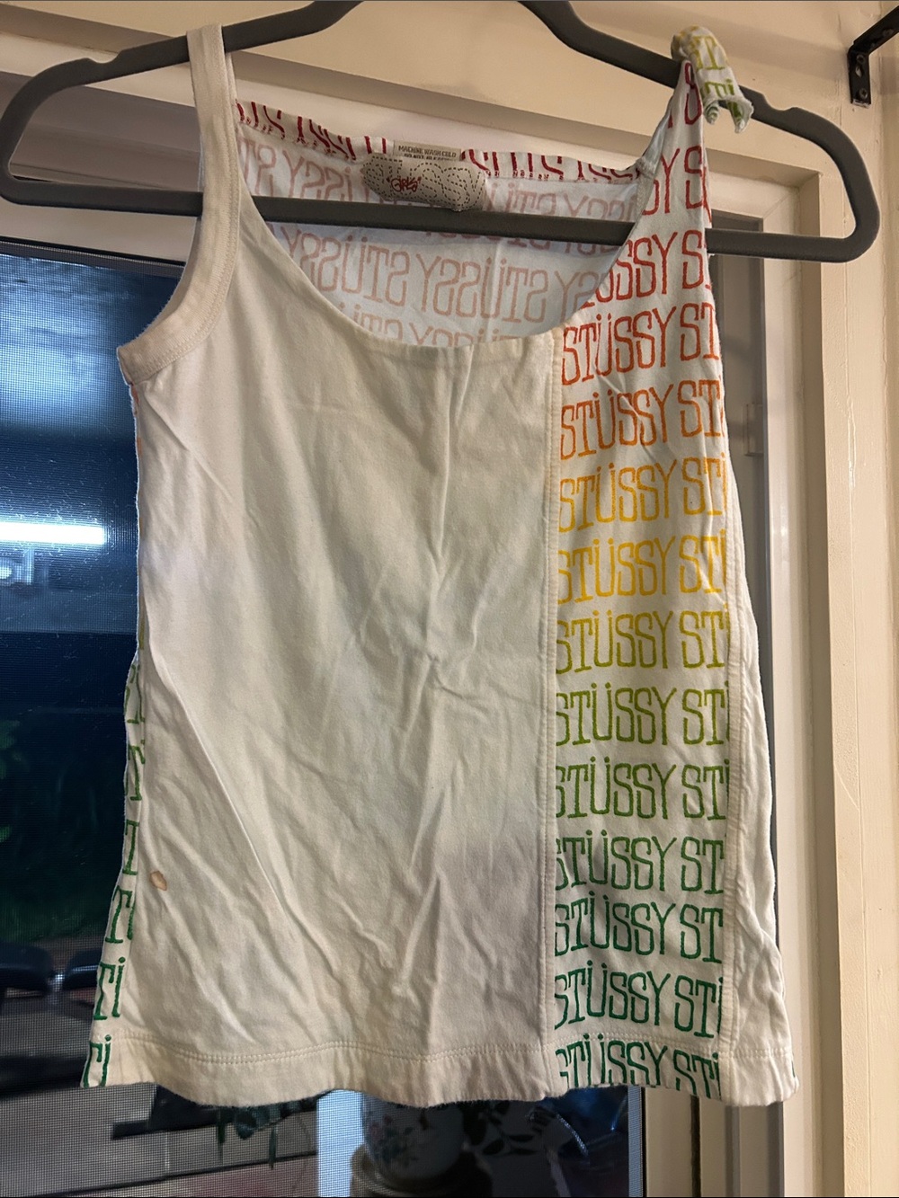 Stussy White Tank Top with Vertical Rainbow Logo